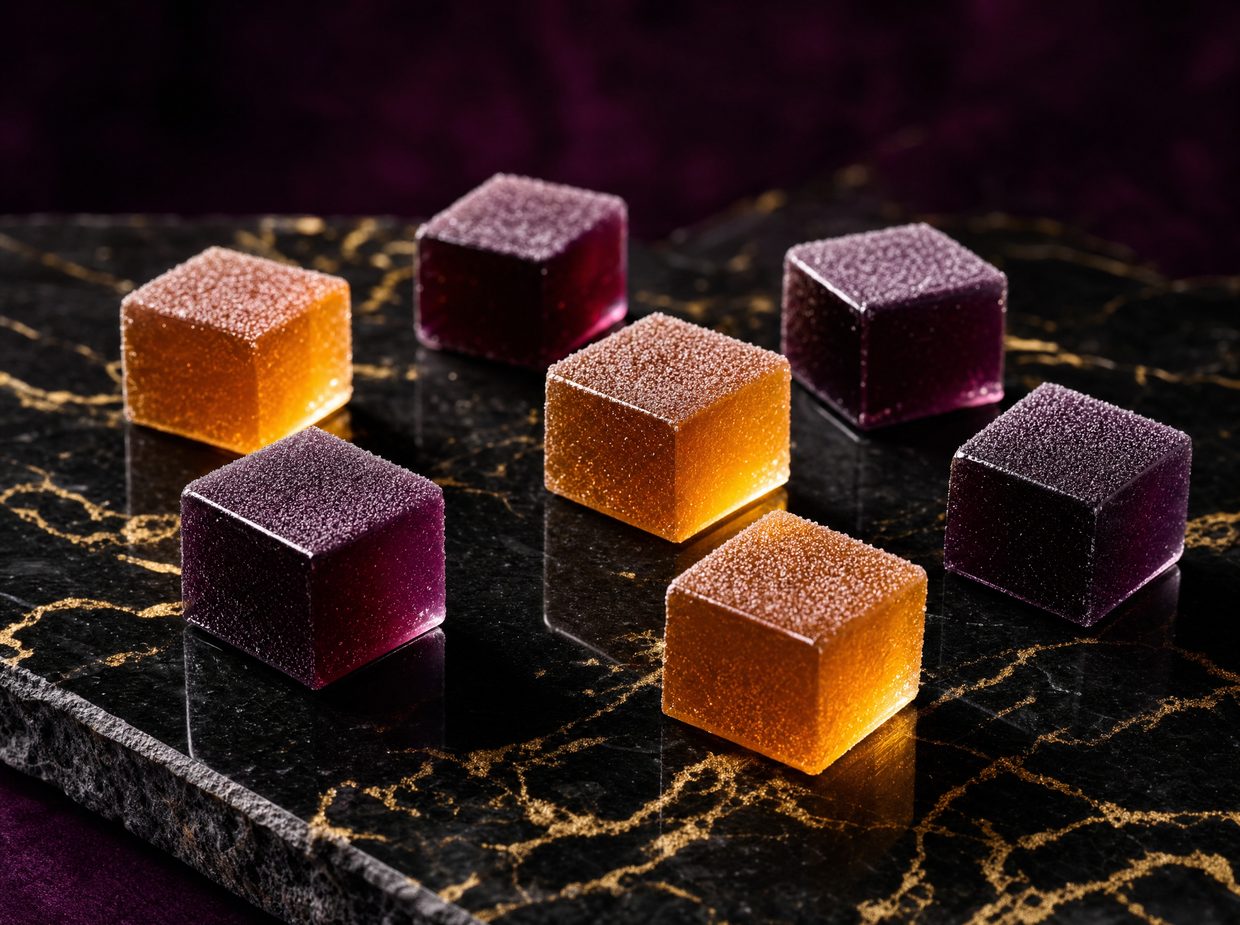 Amethyst and amber cannabis gummies on black-and-gold granite