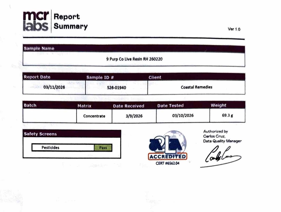 Purple Co. Premium Live Resin — independent lab Certificate of Analysis showing a passing result