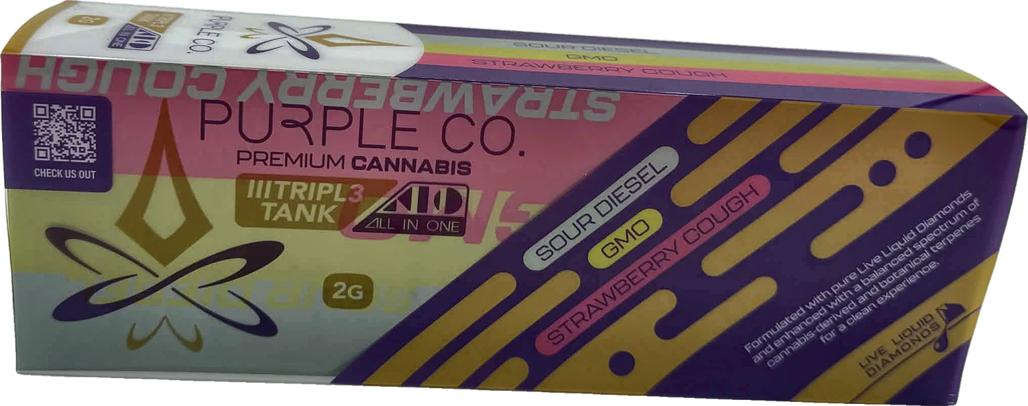 Purple Co. TRIPL3 TANK Collector's Box — Sour Diesel, GMO and Strawberry Cough trio, 2g Live Liquid Diamonds all-in-one