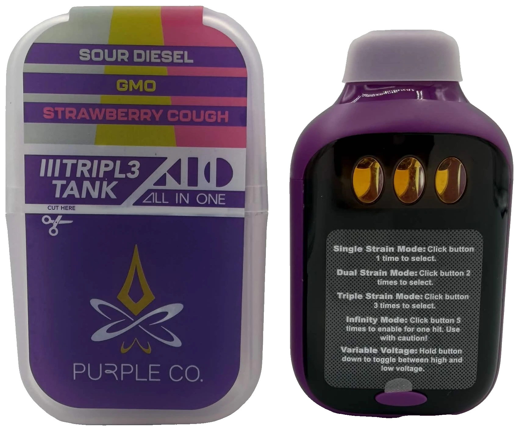 Purple Co. TRIPL3 TANK all-in-one — Trio 01: Sour Diesel, GMO and Strawberry Cough