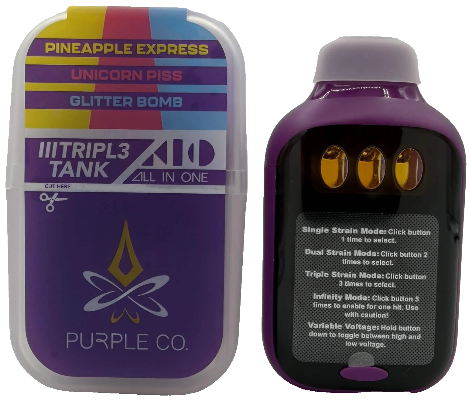 Purple Co. TRIPL3 TANK all-in-one — Trio 04: Pineapple Express, Unicorn Piss and Glitter Bomb