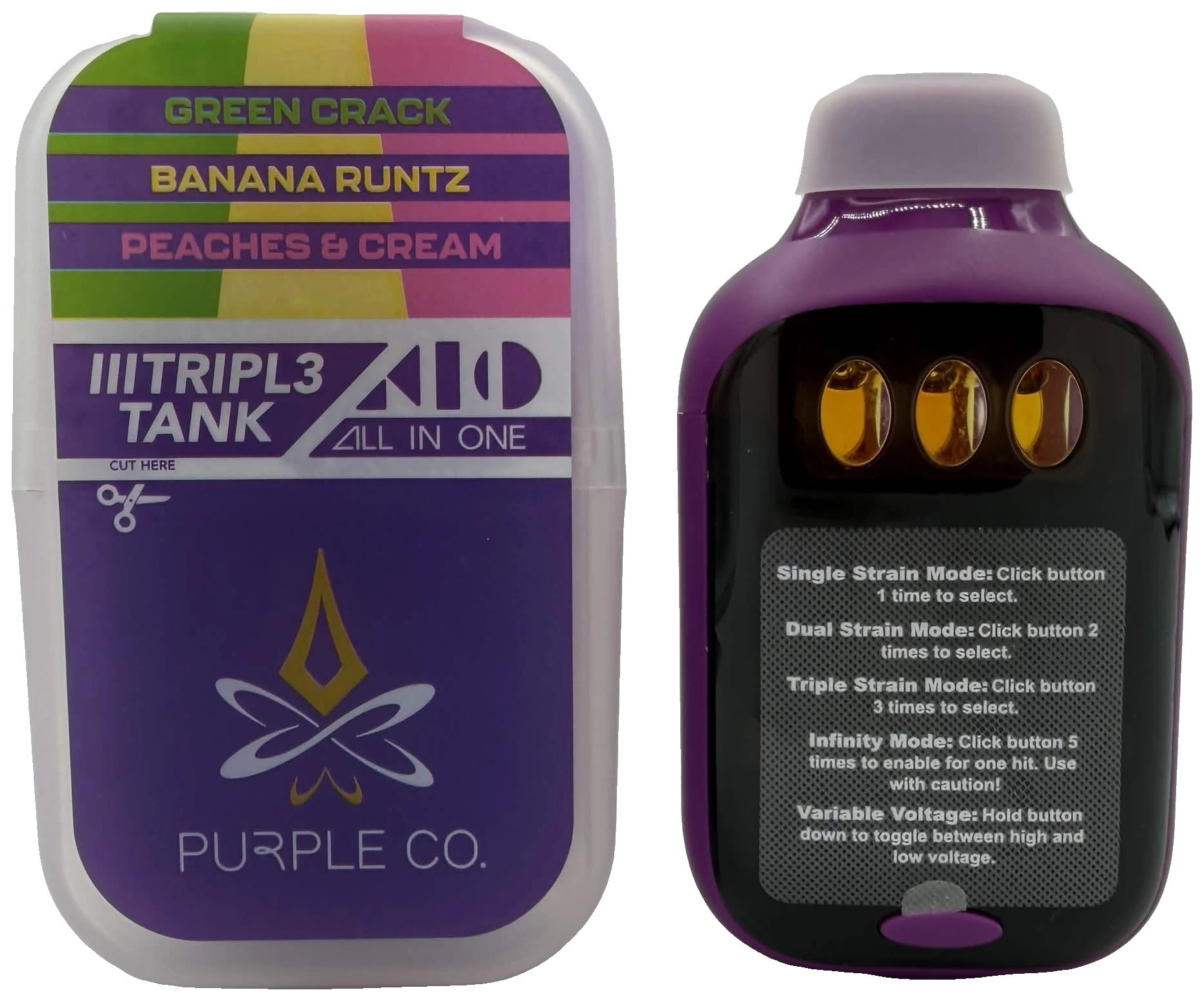 Purple Co. TRIPL3 TANK all-in-one — Trio 05: Green Crack, Banana Runtz and Peaches & Cream