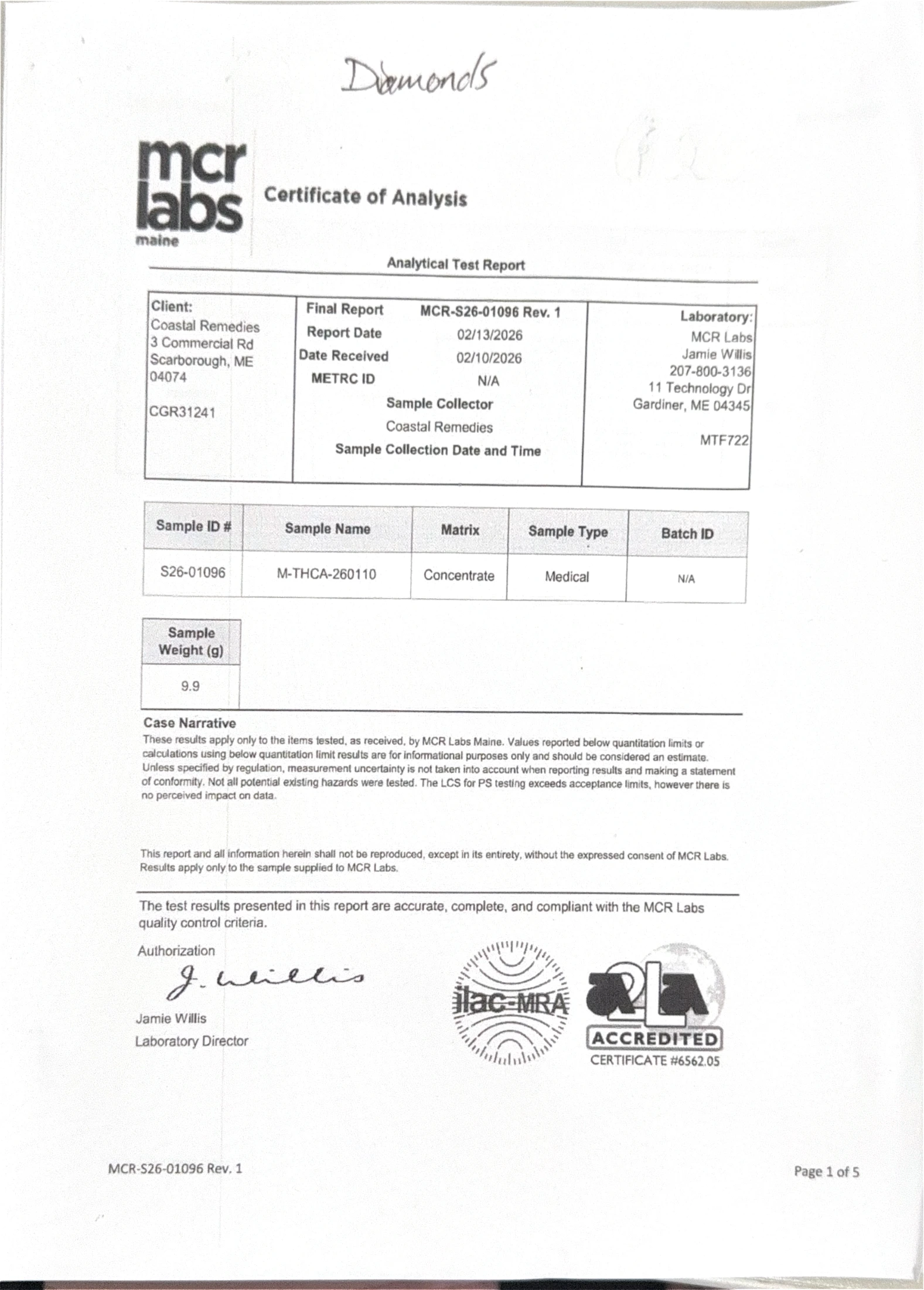Diamonds Certificate of Analysis — page 1