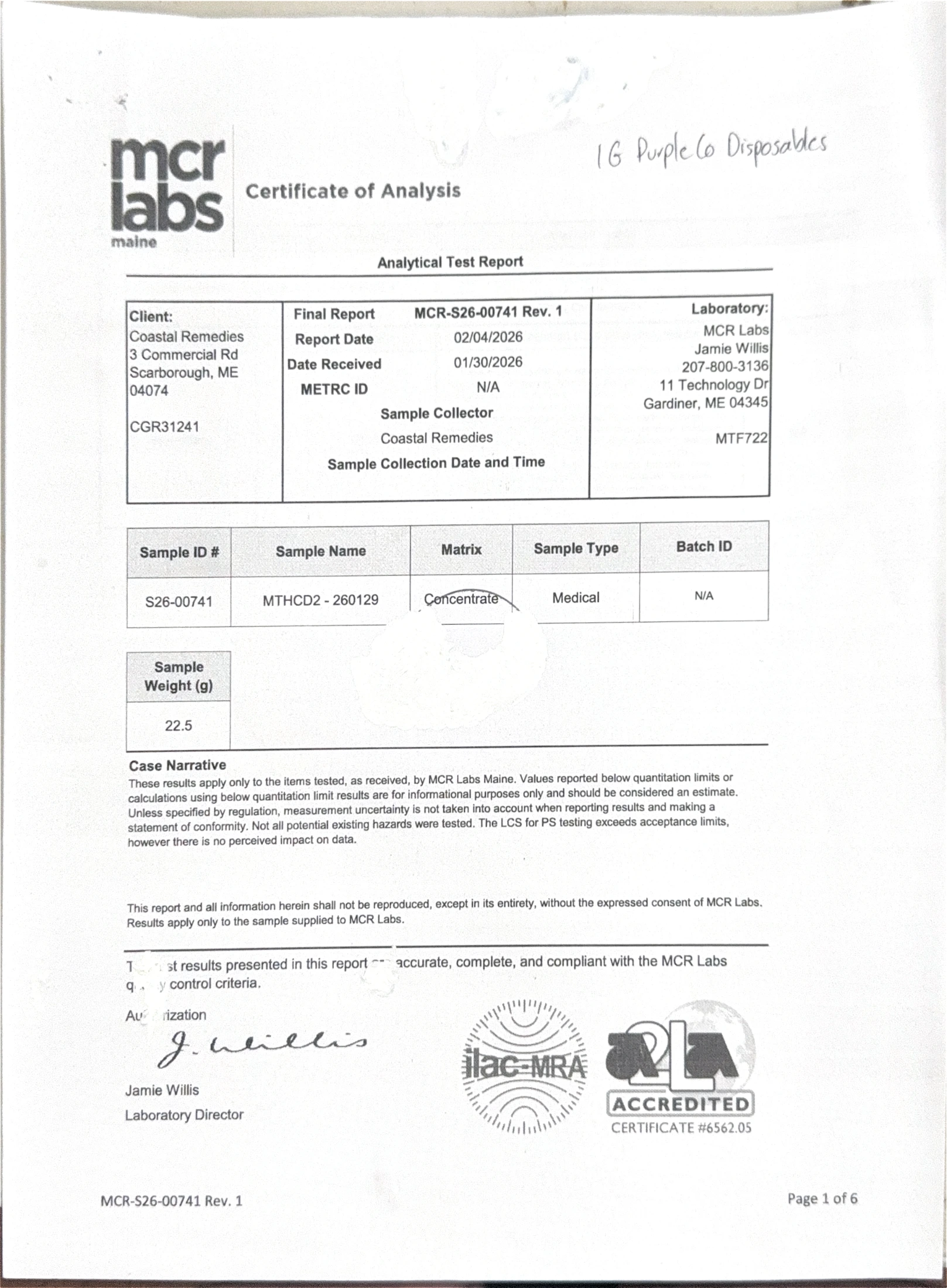 1g Disposables Certificate of Analysis — page 1